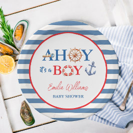 Striped Blue Red Nautical Ahoy Boy Baby Shower Papieren Bordje