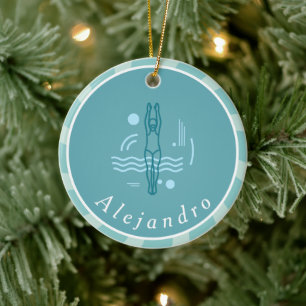 Striped Blue Swimmer Silhouette Swimming Thema Keramisch Ornament
