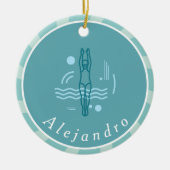 Striped Blue Swimmer Silhouette Swimming Thema Keramisch Ornament (Voorkant)
