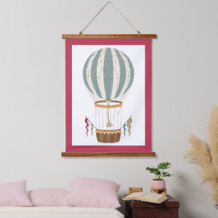 Striped Blue & White Steampunk Hot Air ballon Hangend Wandkleed