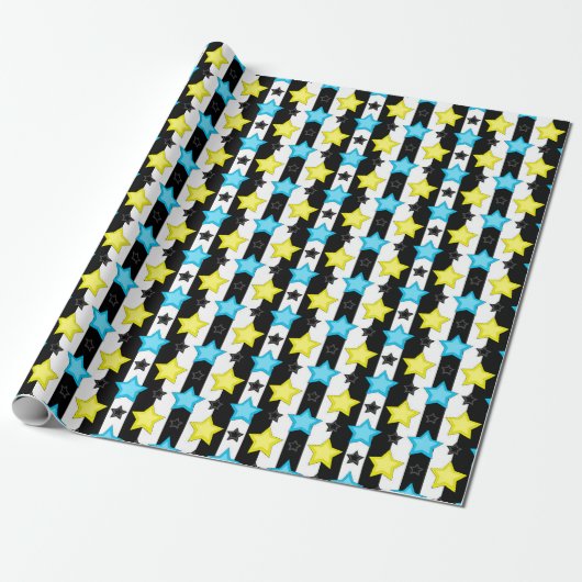 Striped Blue Yellow Stars Pattern Design  Cadeaupapier (Uitgerold)