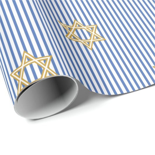 Striped Bright Blue Jewish Gold Star of David Cadeaupapier (Rol Hoek)
