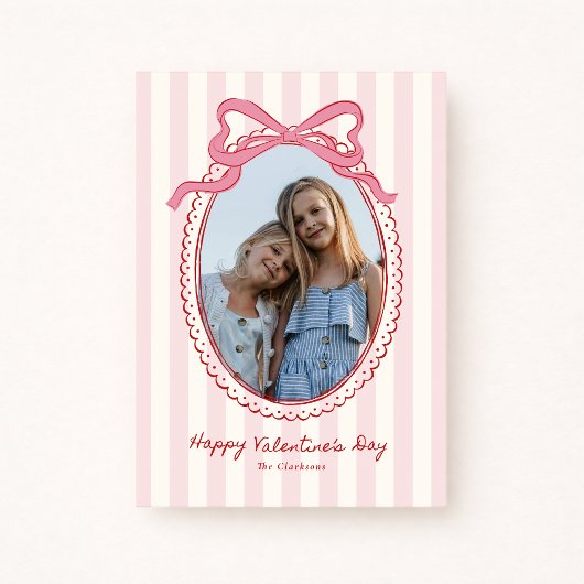 Striped Bright Pink Bow Valentine’s Day Photo Card Kaart