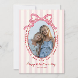 Striped Bright Pink Bow Valentine’s Day Photo Card Kaart