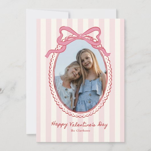 Striped Bright Pink Bow Valentine’s Day Photo Card Kaart (Voorkant)