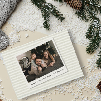 Striped Christmas Card with Custom Polaroid Photo Feestdagenkaart