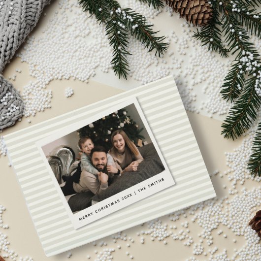 Striped Christmas Card with Custom Polaroid Photo Feestdagenkaart