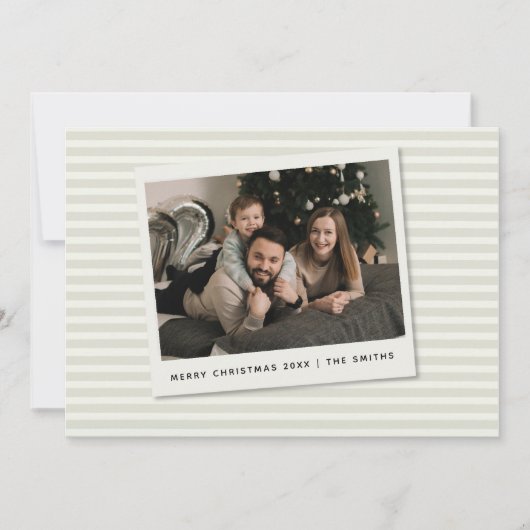 Striped Christmas Card with Custom Polaroid Photo Feestdagenkaart (Voorkant)