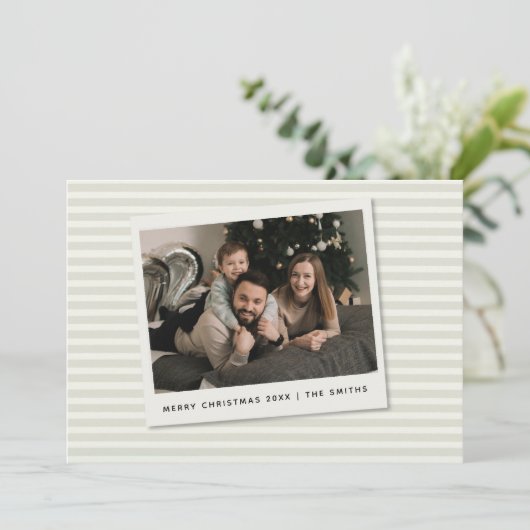 Striped Christmas Card with Custom Polaroid Photo Feestdagenkaart (Staand voorkant)