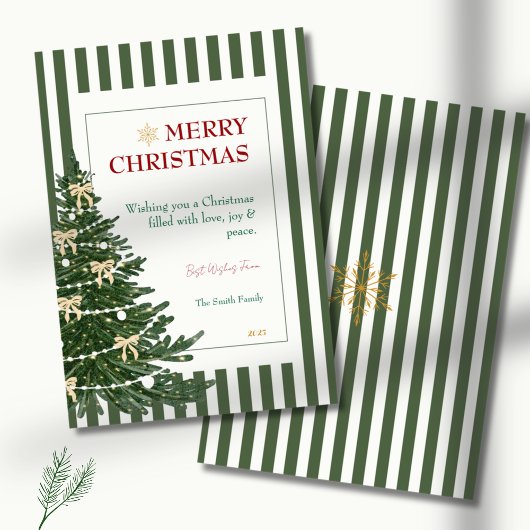 Striped Christmas Holiday Card with Pine Tree Feestdagenkaart