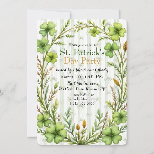 Striped Clover Border Party Invitation Kaart (Voorkant)