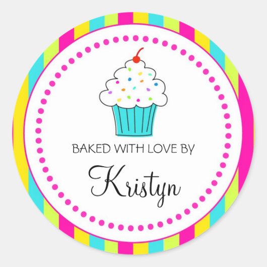 Striped Cupcake-labels, uit de keuken van.. Ronde Sticker (Voorkant)