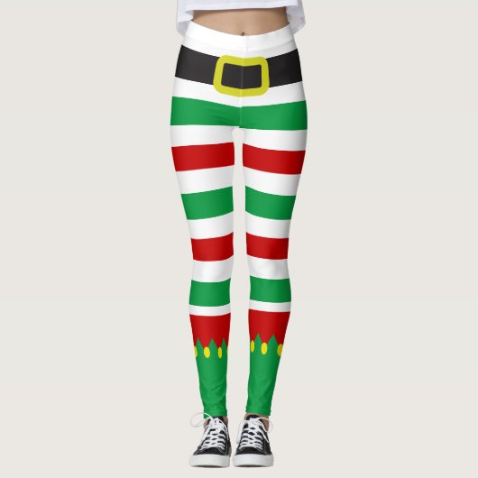 Striped Elf Green Red Kerstnieuwigheid Leggings (Voorkant)