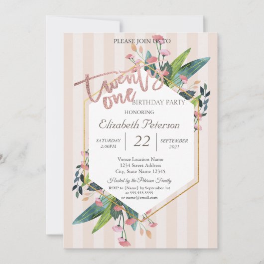 Striped Floral Lijst 21st Birthday Party Kaart (Voorkant)