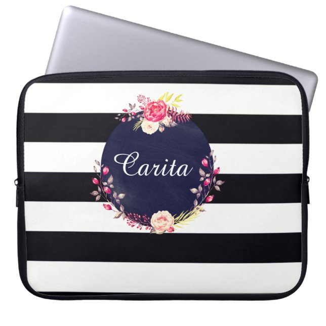 Striped Floral Monogram Neopreen-laptophoes Laptop Sleeve (Voorkant)
