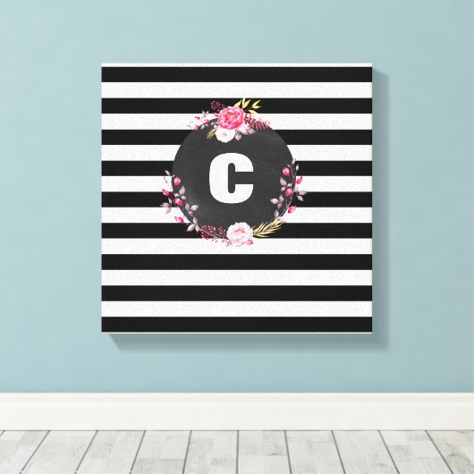 Striped Floral Monogram Premium Wrapped Canvas (Insitu (Houten vloer))