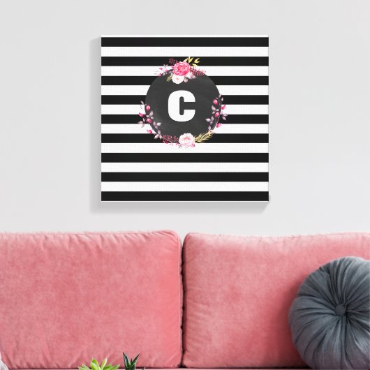 Striped Floral Monogram Premium Wrapped Canvas (Insitu (Woonkamer))