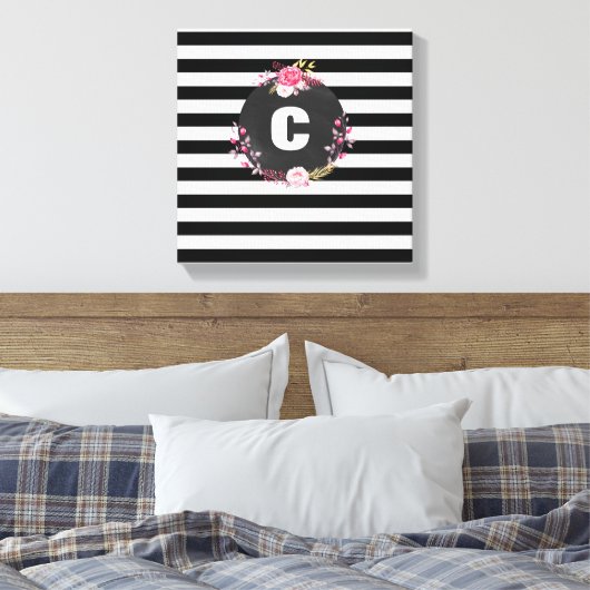 Striped Floral Monogram Premium Wrapped Canvas (Insitu (Slaapkamer))