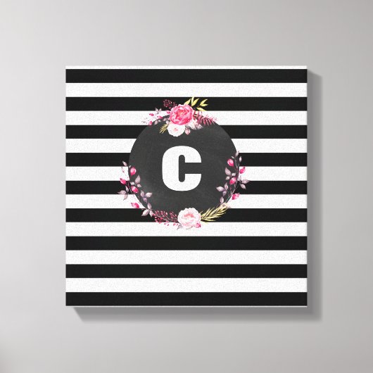 Striped Floral Monogram Premium Wrapped Canvas (Voorkant)
