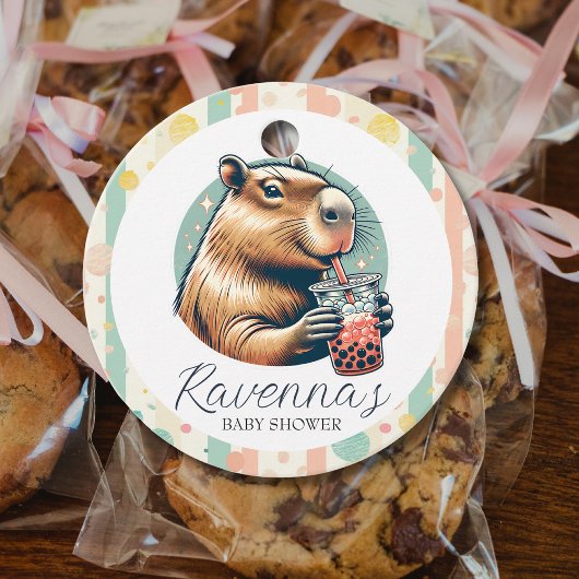 Striped Funny Capybara Custom Name Baby Shower Bedankjes Labels