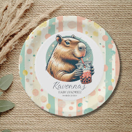 Striped Funny Capybara Custom Name Baby Shower Papieren Bordje