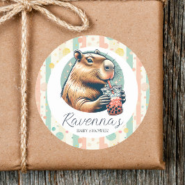 Striped Funny Capybara Custom Name Baby Shower Ronde Sticker