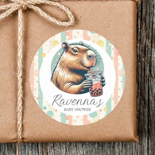 Striped Funny Capybara Custom Name Baby Shower Ronde Sticker