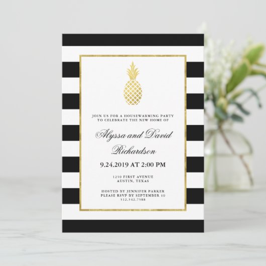 Striped Golden Pineapple Housewarming Party Kaart (Staand voorkant)