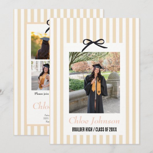  Striped Graduation Party Invitation With a Bow Kaart (Voorkant / Achterkant)