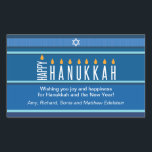 Striped Hanukkah Candles Rechthoekige Sticker<br><div class="desc">Een menorah wordt gemaakt gebruikend typografie op deze gestreepte sticker van Hanoeka. Het woord 'Happy' staat aan zijn kant als de Shamash, terwijl de andere letters die 'Hanukkah' uitschrijven als de acht Hanukkakanalen dienen. De blauwe tonale gestreepte achtergrond doet denken aan een talk. Voeg hieronder een persoonlijk bericht toe. Geweldig...</div>