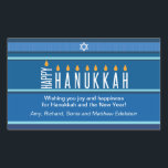 Striped Hanukkah Candles Rechthoekige Sticker<br><div class="desc">Een menora wordt weergegeven met behulp van typografie op deze gestreepte Chanoeka-sticker. Het woord "Happy" op de zijkant dient als de sjamah, terwijl de andere letters, die "Chanoeka" uitdrukken, dienen als de acht Chanoeka kaarsen. De blauwe tonale gestreepte achtergrond doet denken aan een tallit. Voeg hieronder een persoonlijk bericht toe....</div>