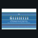 Striped Hanukkah Candles Rechthoekige Sticker<br><div class="desc">Een menora wordt weergegeven met behulp van typografie op deze gestreepte Chanoeka-sticker. Het woord "Happy" op de zijkant dient als de sjamah, terwijl de andere letters, die "Chanoeka" uitdrukken, dienen als de acht Chanoeka kaarsen. De blauwe tonale gestreepte achtergrond doet denken aan een tallit. Voeg hieronder een persoonlijk bericht toe....</div>