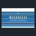 Striped Hanukkah Candles Rechthoekige Sticker<br><div class="desc">Een menora wordt weergegeven met behulp van typografie op deze gestreepte Chanoeka-sticker. Het woord "Happy" op de zijkant dient als de sjamah, terwijl de andere letters, die "Chanoeka" uitdrukken, dienen als de acht Chanoeka kaarsen. De blauwe tonale gestreepte achtergrond doet denken aan een tallit. Voeg hieronder een persoonlijk bericht toe....</div>