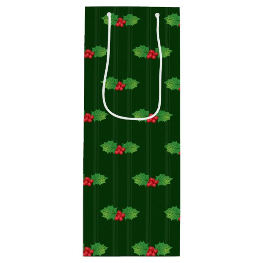 Striped Holly Berries Wijn Cadeautas (Voorkant)