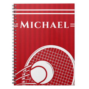 Striped Intense Red Tennis Racket & Ball Elegant Notitieboek
