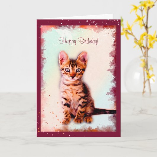 Striped Kitten Waterverf van de Kattendag Kaart (Gele Bloem)