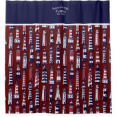 Striped Lighthouse Nautical Navy Blue Gray Red Sho Douchegordijn (Voorkant)