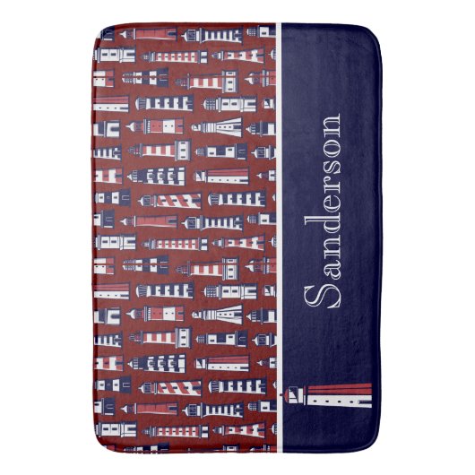 Striped Lighthouse Nautical Navy Blue Grey Red Badmat (Voorkant Verticaal)