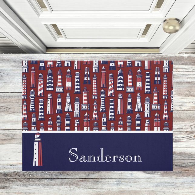 Striped Lighthouse Nautical Navy Blue Grey Red Deurmat (Creator heeft geüpload)