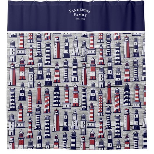Striped Lighthouse Nautical Navy Blue Grey Red Douchegordijn (Voorkant)