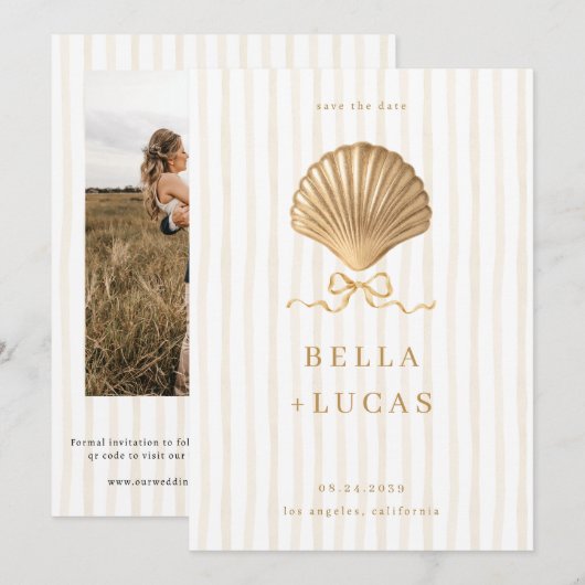 Striped Luxurious Coastal Gold Seashell Wedding Save The Date (Voorkant / Achterkant)