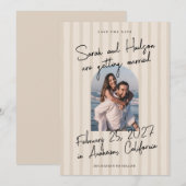 Striped Modern Handwritten Script Photo Wedding Save The Date (Voorkant / Achterkant)