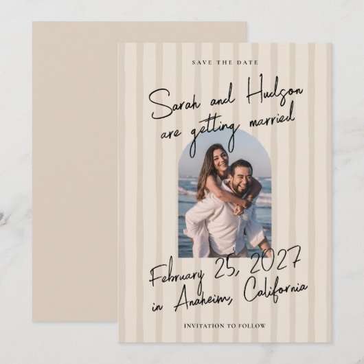 Striped Modern Handwritten Script Photo Wedding Save The Date (Voorkant / Achterkant)