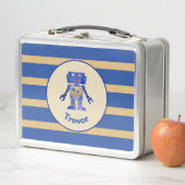 Striped Monogrammed Blue Gold Robot met naam (In situ)