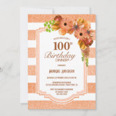 Striped Oranje Floral 100th Birthday Dinner Party Kaart (Voorkant)
