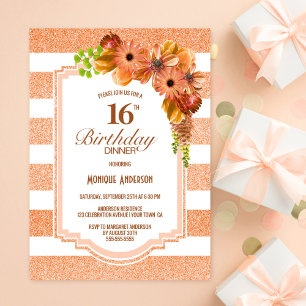 Striped Oranje Floral 16th Birthday Dinner Party Kaart