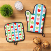 Striped pattern with hearts for Valentine's day Ovenwant & Pannenlap Set (Top down)