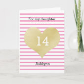 Striped Pink and Gold Heart 14th Birthday Dochter Kaart (Voorkant)