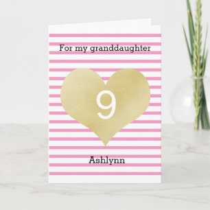 Striped Pink and Gold Heart 9th Birthday Kaart