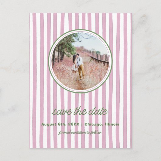 Striped pink and greensave the date photo postcard aankondigingskaart (Voorkant)